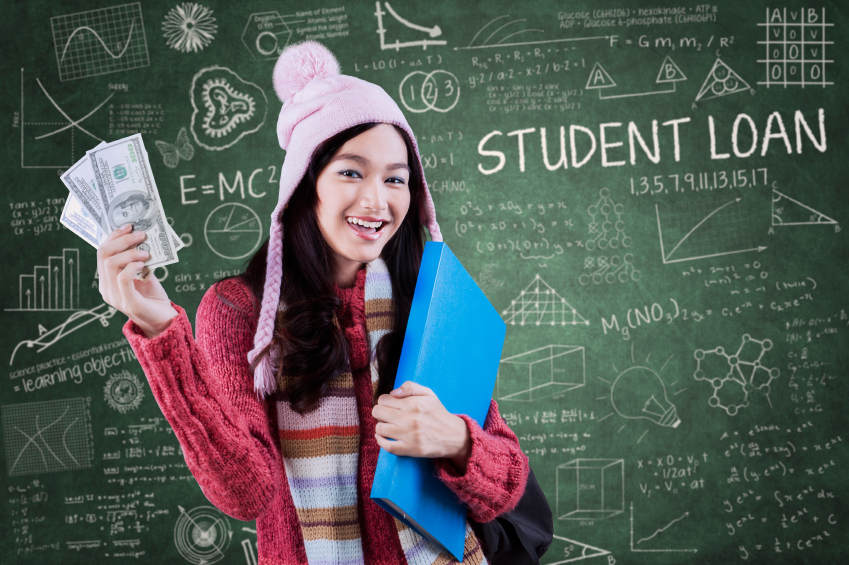 College student with folder, money, and warm clothing